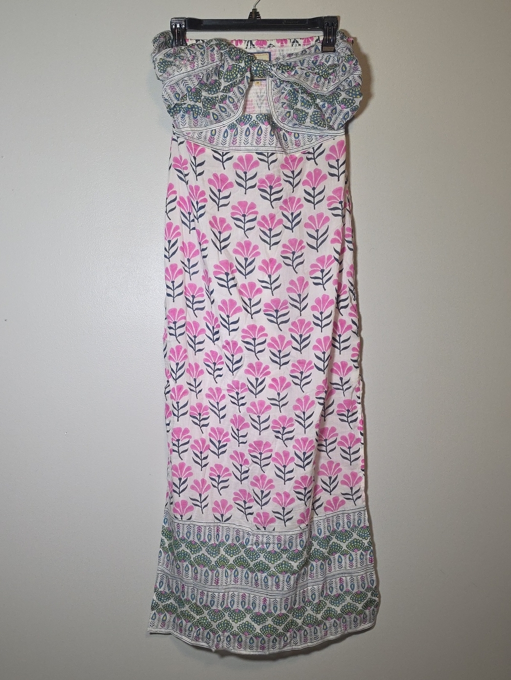 Bell Strapless Pink Floral Maxi Dress with Green Border